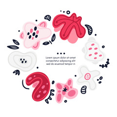 Vector circle floral frame includes hand drawn abstract shapes with different spots and decorative elements. Abstract flowers. Freehand style. Doodle. Cover, card, label, brochure, invitation. Eps 10