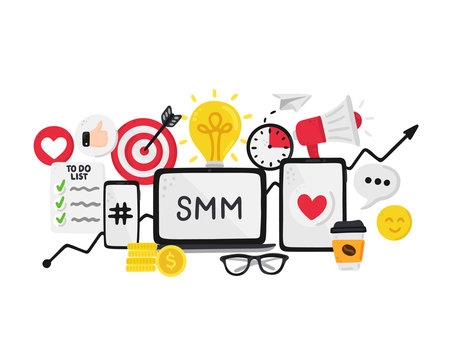 Vector smm elements. Social Media Marketing. Reach and promotion among target audience. Concept is for banner, advertising, mailing list, website, training presentation for marketers, posts, poster