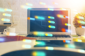 Multi exposure of desktop with personal computer and tech theme drawing. Concept of Bigdata.