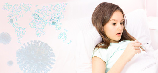 Naklejka premium Teenage girl sick with virus with fever stays in bed, measures fever with thermometer