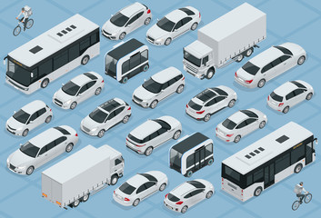 Flat 3d isometric high quality city transport car icon set. Bus, bicycle courier, Sedan, van, cargo truck, off-road, bike, mini and sport cars. Urban public and freight vehihle - obrazy, fototapety, plakaty