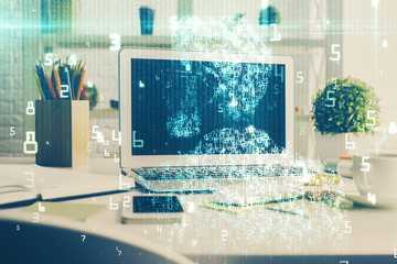 Multi exposure of desktop computer and technology theme hologram. Concept of software development.