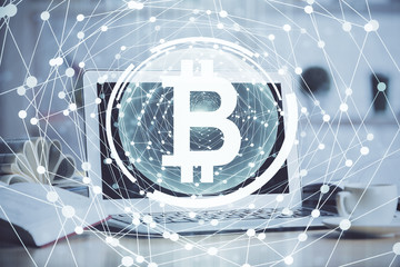 Multi exposure of blockchain and crypto economy theme hologram and table with computer background....