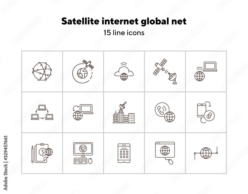 Poster satellite internet global net thin line icon set. connection, wireless signal, worldwide network iso