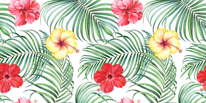 Seamless pattern with tropical branches and hibiscus flowers on white background. Watercolor illustration.