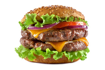 double cheeseburger on a white background - obrazy, fototapety, plakaty