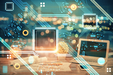 Double exposure of computer and technology theme hud. Concept of innovation.