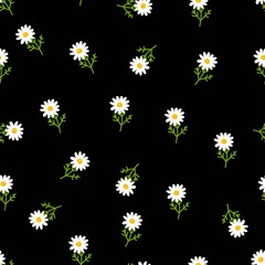 Daisy seamless pattern on black background. Floral ditsy print with small white flowers and leaves. Chamomile design great for fashion fabric, kitchen textile and wallpaper.