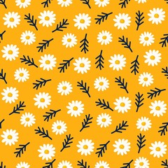 Fototapeta na wymiar Daisy seamless pattern on yellow background. Floral ditsy print with small white flowers and leaves. Chamomile herbal design great for fashion fabric, kitchen textile and wallpaper.