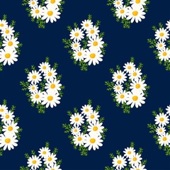 Floral seemless pattern made of daisy bouquet with small white flowers and green leaves. Chamomile background. Spring summer vintage motif. Vector
