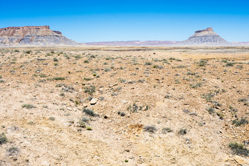 View of North Caineville Mesa and Factory Butt from state route 24 in Utah, USA