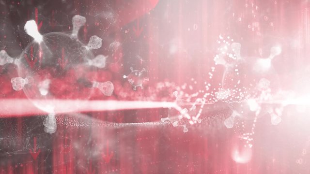 Red negative business infographic animation with flying coronaviruses on a shiny motion background.