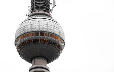 Berlin television Tower on white background. Tower at Alexanderplatz. Close up. Popular tourist destination. 