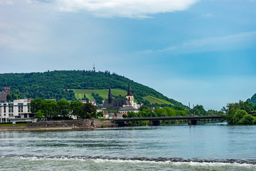 Fototapeta premium Germany, Rhine Romantic Cruise, a bridge over a body of water
