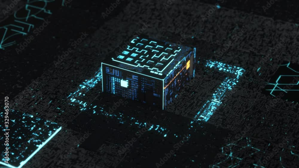Poster 3d computer chip over circuit background of blue and black colors. animation. artificial intelligenc