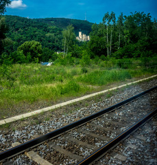 Fototapeta na wymiar Germany, Hiking Frankfurt Outskirts, a train on a steel track