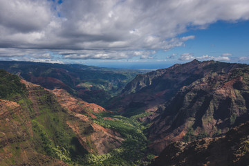 Fototapeta premium Beautiful Waimea Canyon in Kauai, Hawaii during Cloudy Morning Weather showcasing orange and green canyon landscape