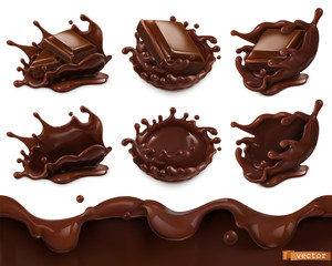 Piece of chocolate and chocolate splash. Seamless pattern. 3d vector realistic food objects set