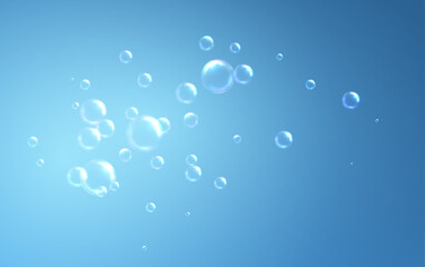 Realistic soap bubbles on blue background. Vector illustration
