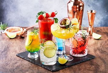 Set of summer alcoholic cocktails, popular bright refreshing alcohol drinks and beverages