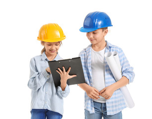 Cute little architects on white background