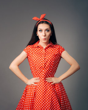 Cheerful Retro Woman in Polka Dots Rockabilly Dress