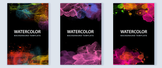 Set of vibrant vector colorful watercolor on black background for poster, brochure or flyer