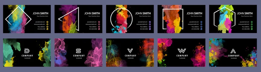  Big set of bright colorful business card template with vector watercolor black background © Eva Kali