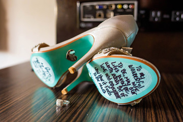 Wedding shoe with best wishes and vows from groom