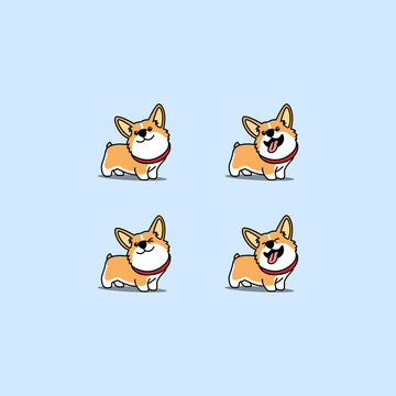 Cute Welsh Corgi Dog Cartoon Set, Vector Illustration