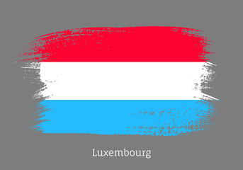 Luxembourg official flag in shape of paintbrush. Luxembourgish national identity symbol. Grunge brush blot object isolated on gray background vector illustration. Luxembourg country patriotic stamp.