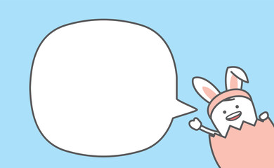 Dental cartoon of a tooth pretend to be bunny smiling in an egg and wave hand with blank speech bubble illustration cartoon character vector design on blue background.  Dental care concept.