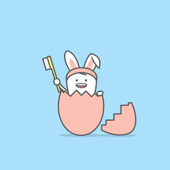 Dental cartoon of a tooth pretend to be bunny smiling in an egg and holding a toothbrush  illustration cartoon character vector design on blue background.  Dental care concept.