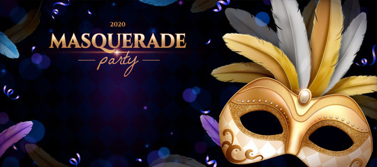 Gold masquerade mask banner - obrazy, fototapety, plakaty