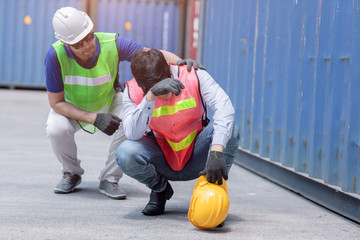 worker tired sad from stressful from hard working with friend support.