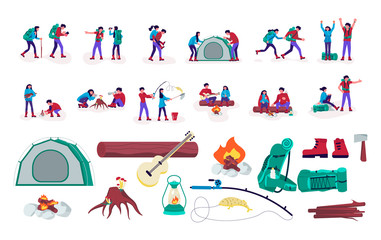 Set of hiking people and stuff