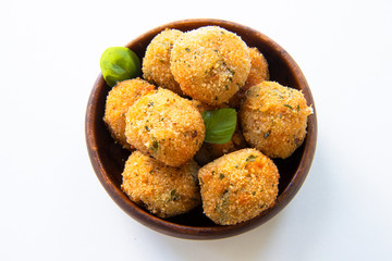 Deep Fried Tomato Sauce Risotto Balls with basil