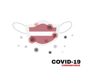 Medical face mask with symbol of the Latvia flag to protect Latvian people from coronavirus or Covid-19, virus outbreak protection concept, sign symbol background, vector illustratin.