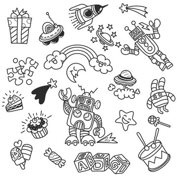 Kindergarten Nursery Preschool School education with children Doodle pattern Kids play and study Boys kids drawing icons Space, adventure, exploration, imagination concepts