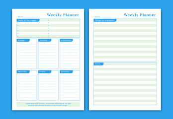 Weekly schedule planner monday to saturday simple table format blue color style with weekly goals