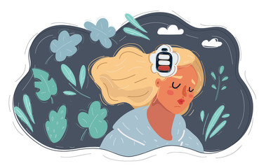 Woman with battery in her head on dark background.