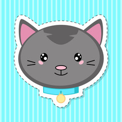 Cute cartoon cat sticker. Head in the style of kawaii. Vector illustration.