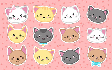 Obraz premium Set of cute cat heads. Collection of kawaii stickers. Vector illustration.