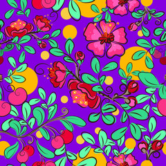 Vector pattern of cherry blossoms and berries on a purple background for textiles, Wallpaper, bed linen.Doodling, art line, flowers line