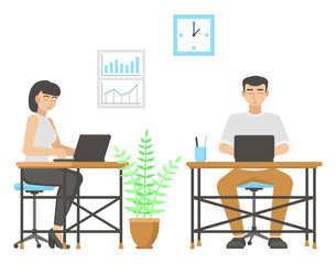 Workflow in the office. Loft style interior. A man and a woman at their desks. Flat design. Vector illustration
