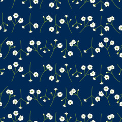 Night garden floral pattern background. Cute tiny white flowers, baby's breath, Gypsophila flowers seamless pattern on blue colored background. Great for wallpaper, textile, fabric, card, packaging, 