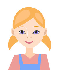 Portrait, avatar of a blonde girl in a jumpsuit. Isolated on a white background. Flat design. Vector illustration.
