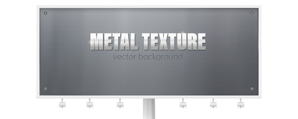 Billboard with metal plate bolted screws. Placard for ads with metal texture. Metallic sign with text. Vector 3d illustration