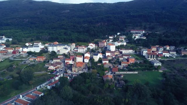 Small town of Carnota, famous for most long horreo in Galicia, Spain. Drone Footage