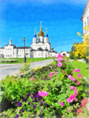 Fototapeta na wymiar Watercolor cityscape landscape. Bright flower bed on the square in front of the temple. Digital painting - illustration. Watercolor drawing.